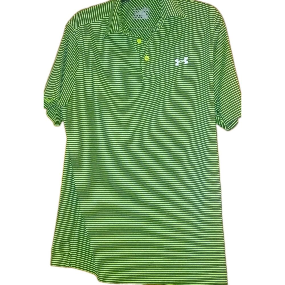 UNDER ARMOUR HEAT GEAR GOLF POLO SHIRT LOOSE NAVY BLUE NEON GREEN MEDIUM